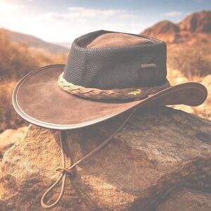 Cairns Hatters Leather Outback Hat Brown Mesh Crown Safari Large Gold Crocodile